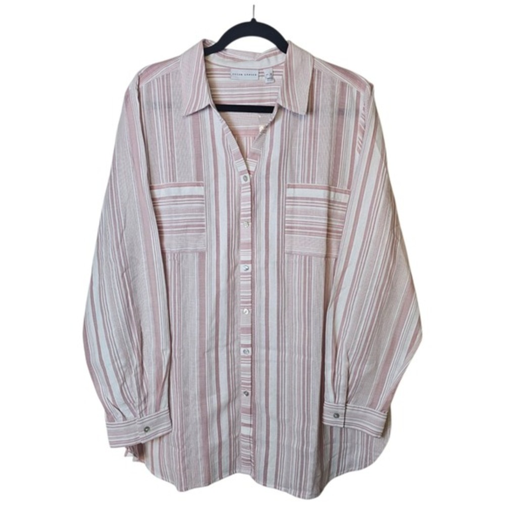 Susan Graver Button Down Shirt XL Pink White Striped Cotton Coastal Casual Boho